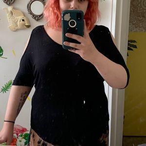 Selling cut out shoulder black top by Acemi